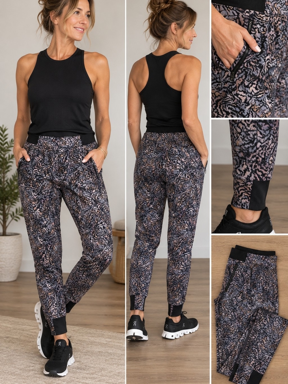 Athleta Printed Joggers in Black and Taupe Multi